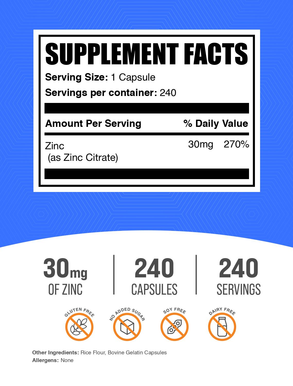 Zinc citrate 240 capsules label