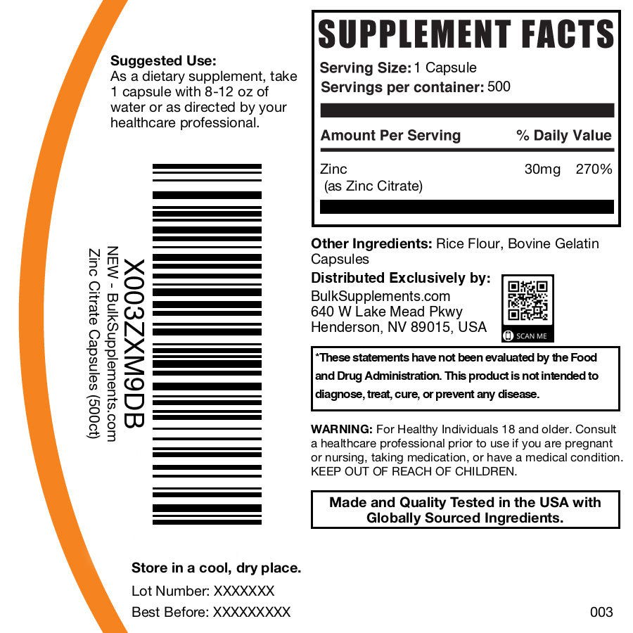 Zinc citrate 500 capsules label