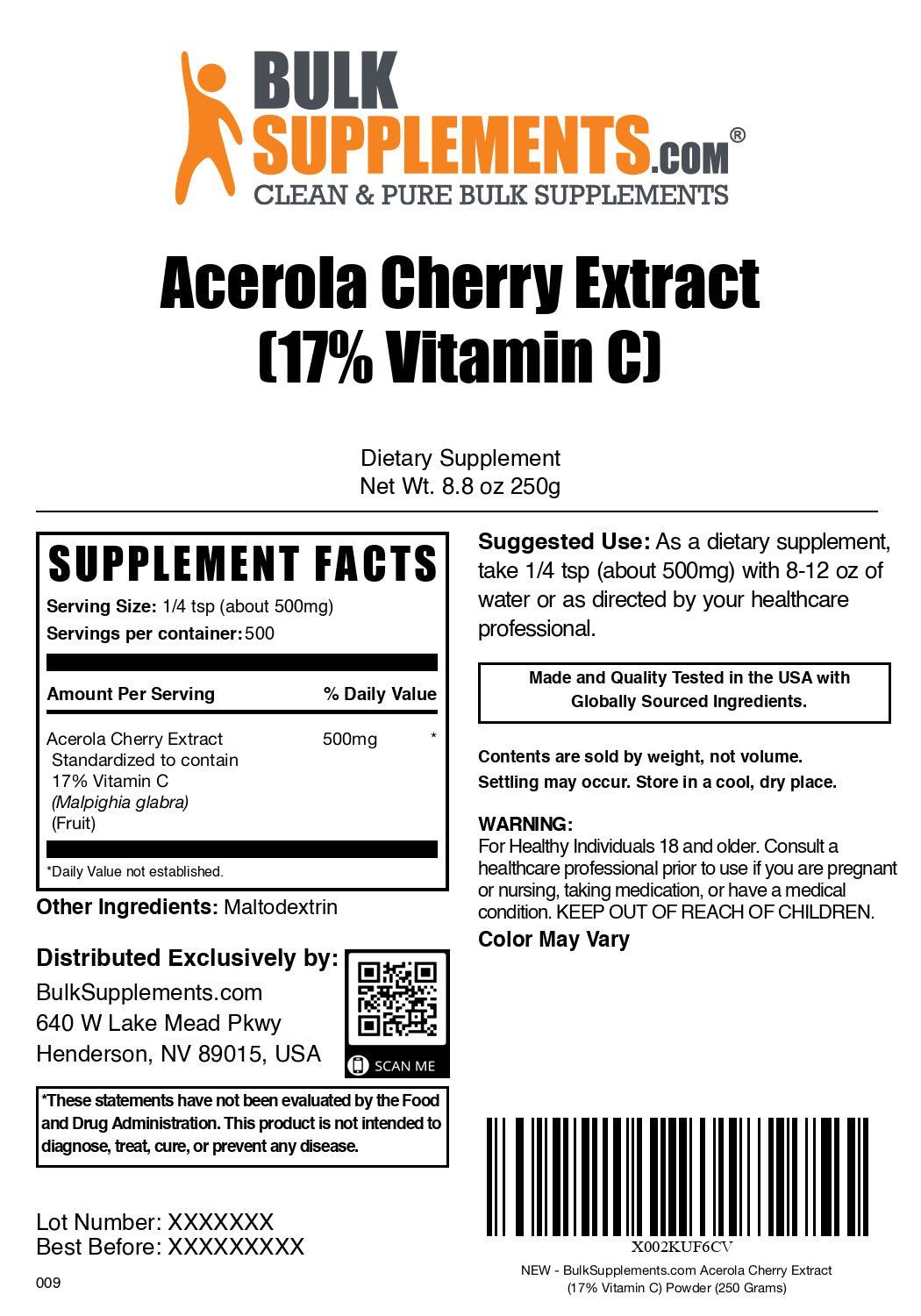 Acerola cherry extract powder label 250g