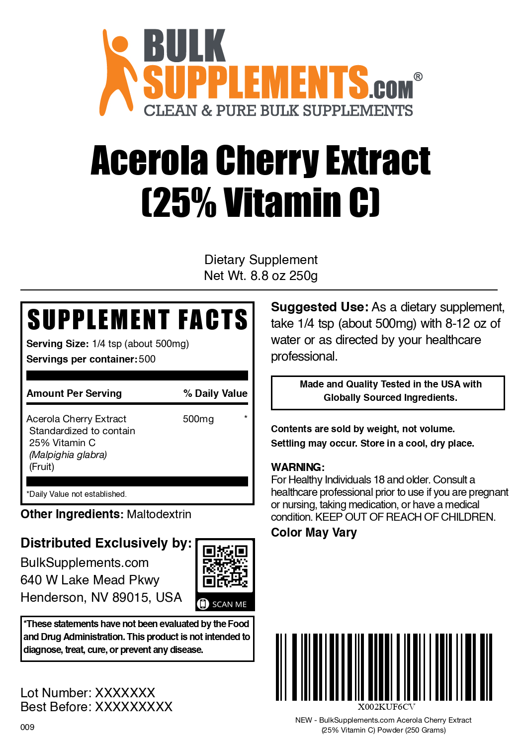 Acerola Cherry Extract 25 Vitamin C Powder 250g Bag Label