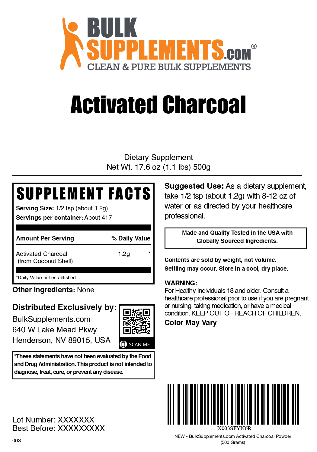 Activated Charcoal Powder 500g Bag Label