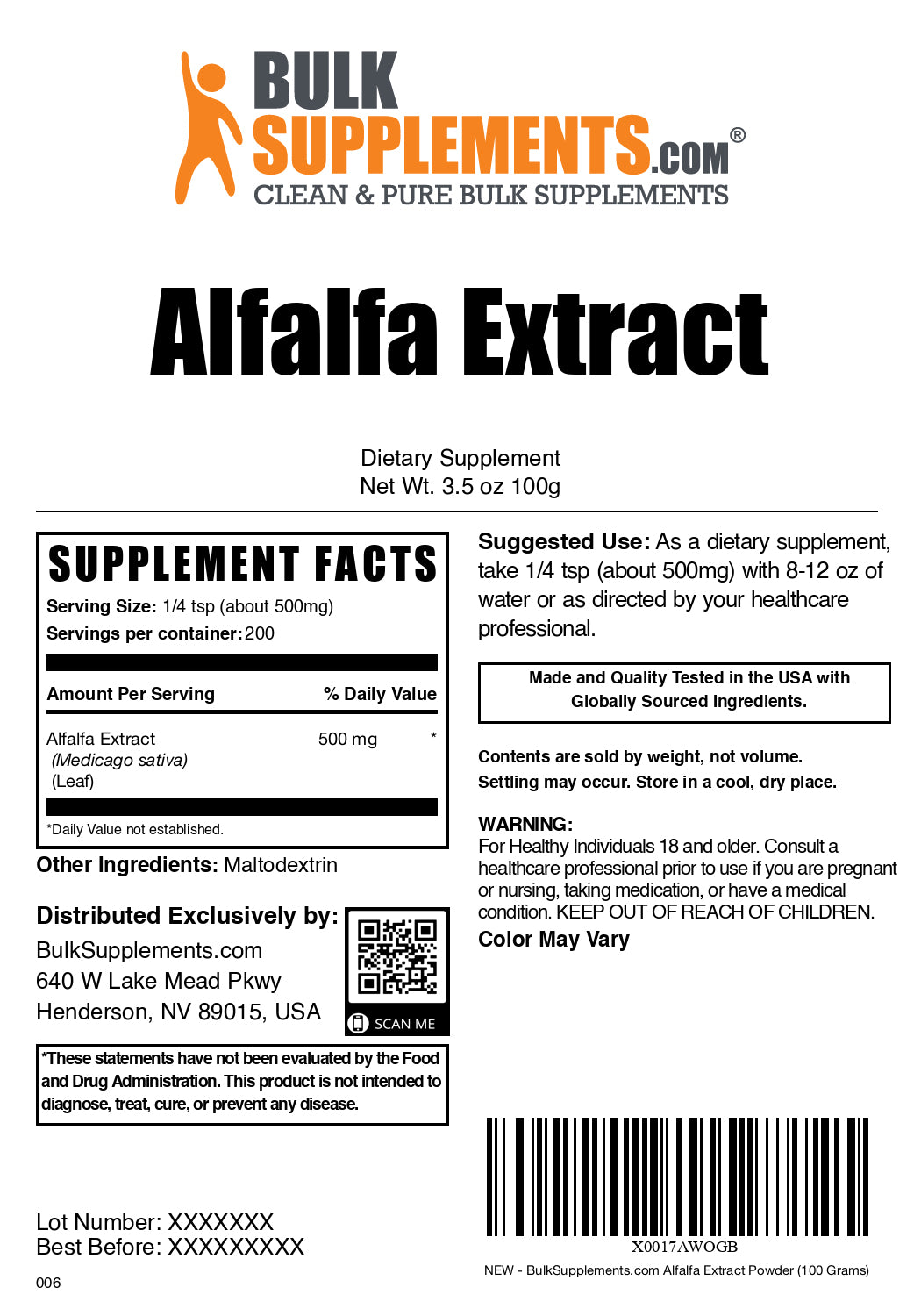 Alfalfa extract powder label 100g