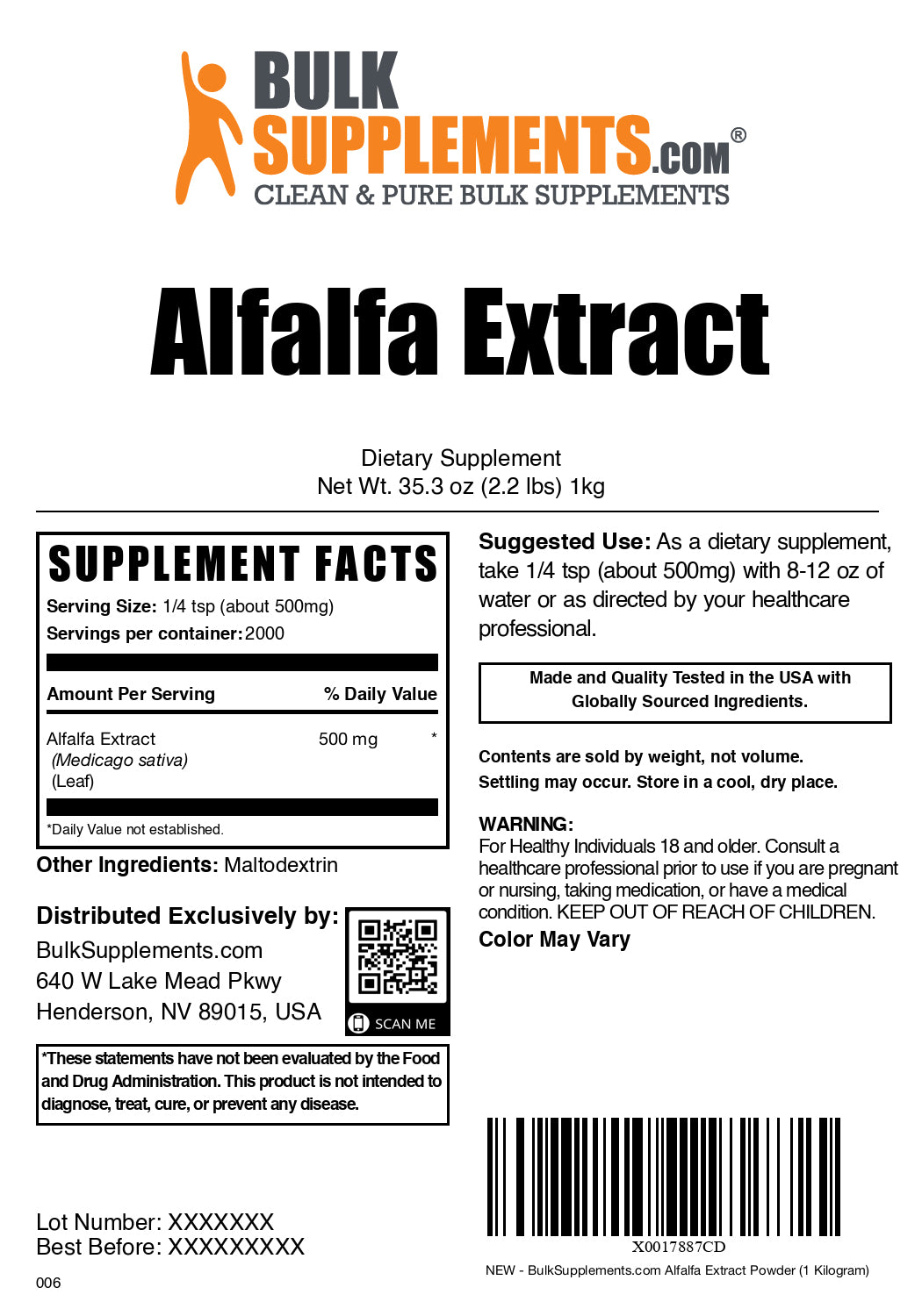 Alfalfa extract powder label 1kg