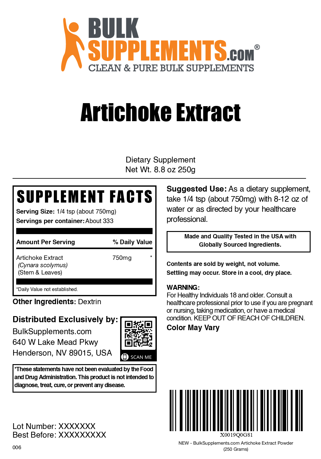 Artichoke extract powder label 250g