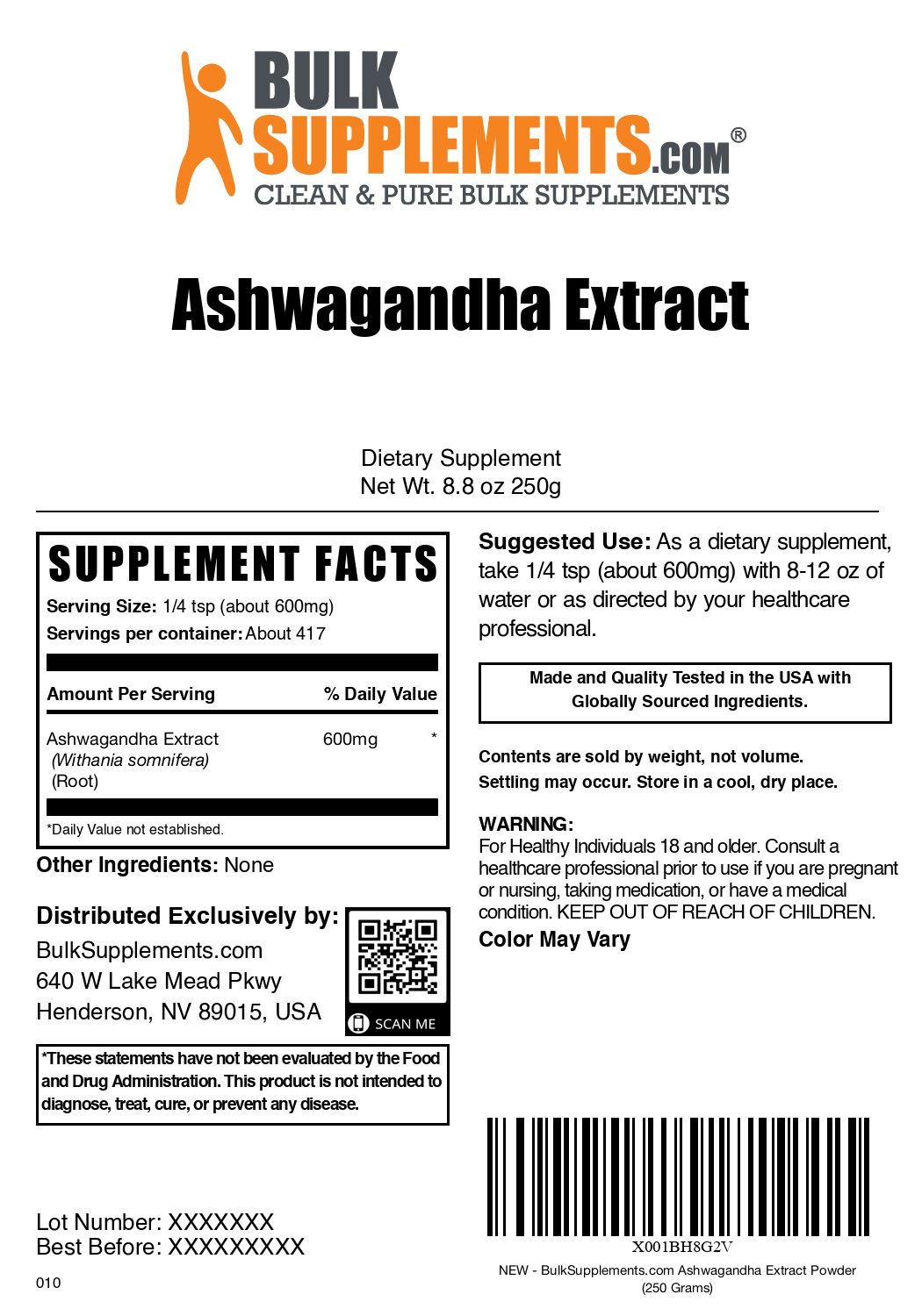 Ashwaghanda Extract 250g Bag Label