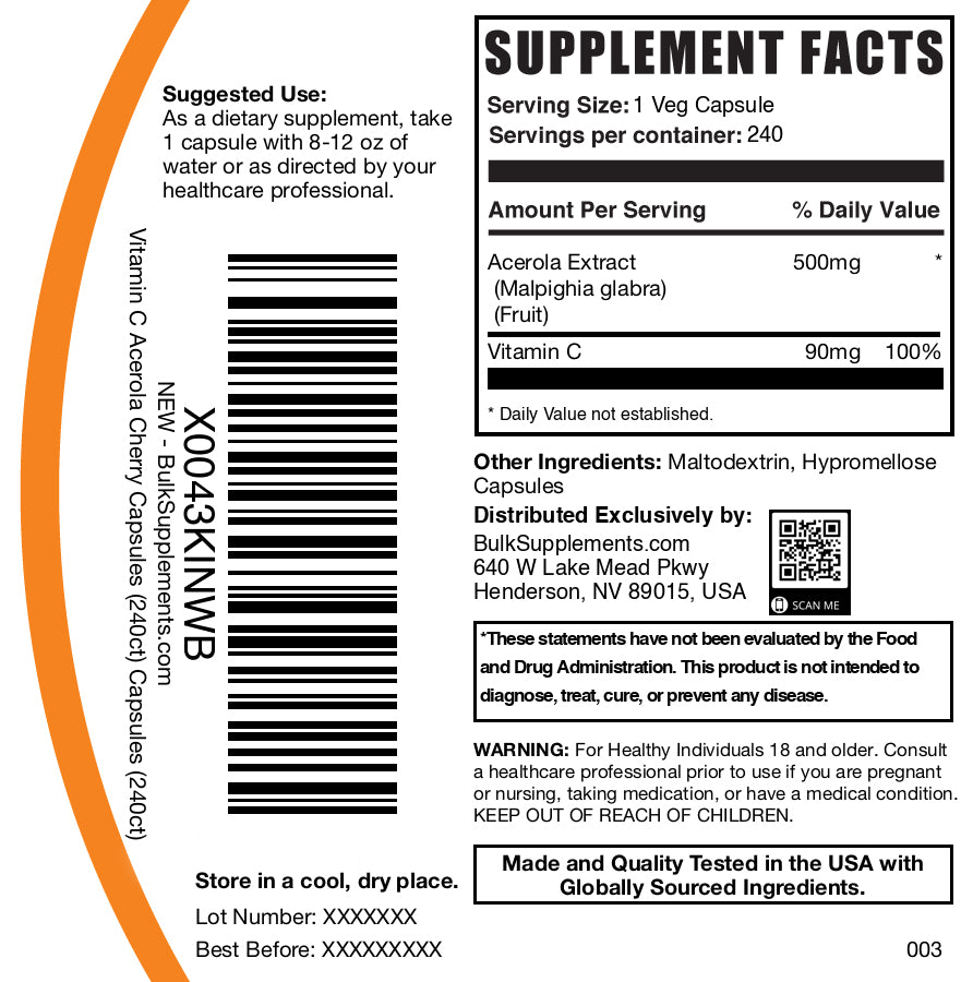 Acerola cherry extract 240 capsules label