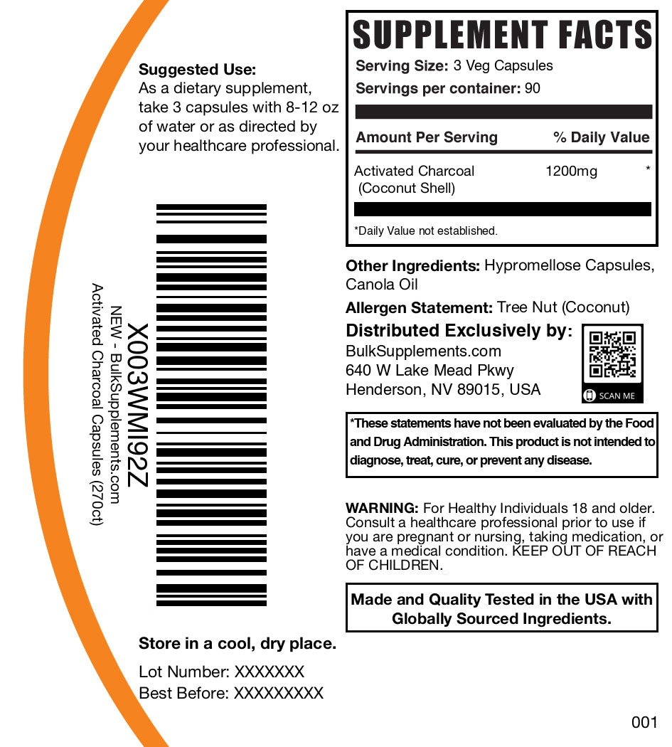Activated charcoal 270 capsules label