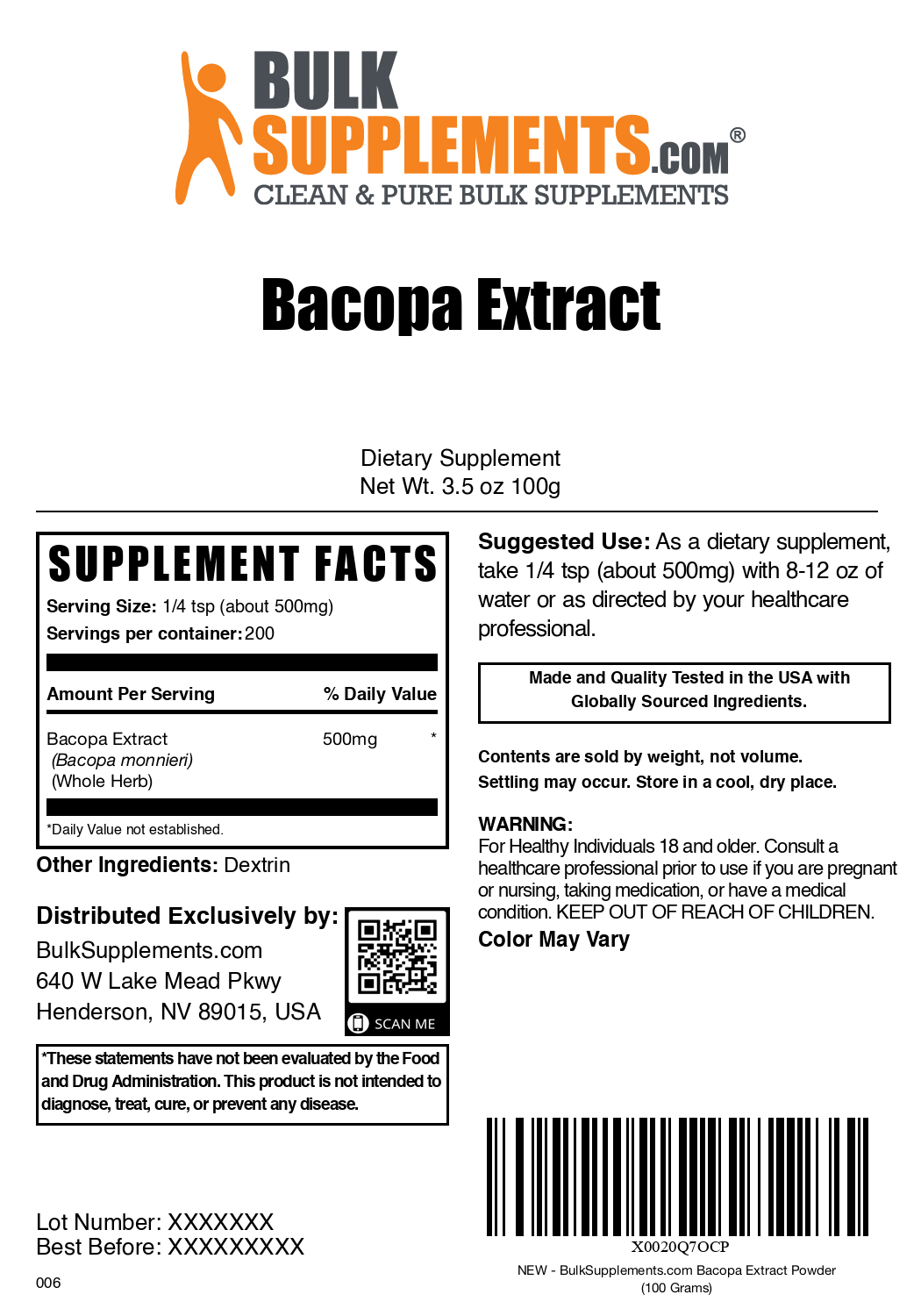 Bacopa Extract Powder 100g Bag Label