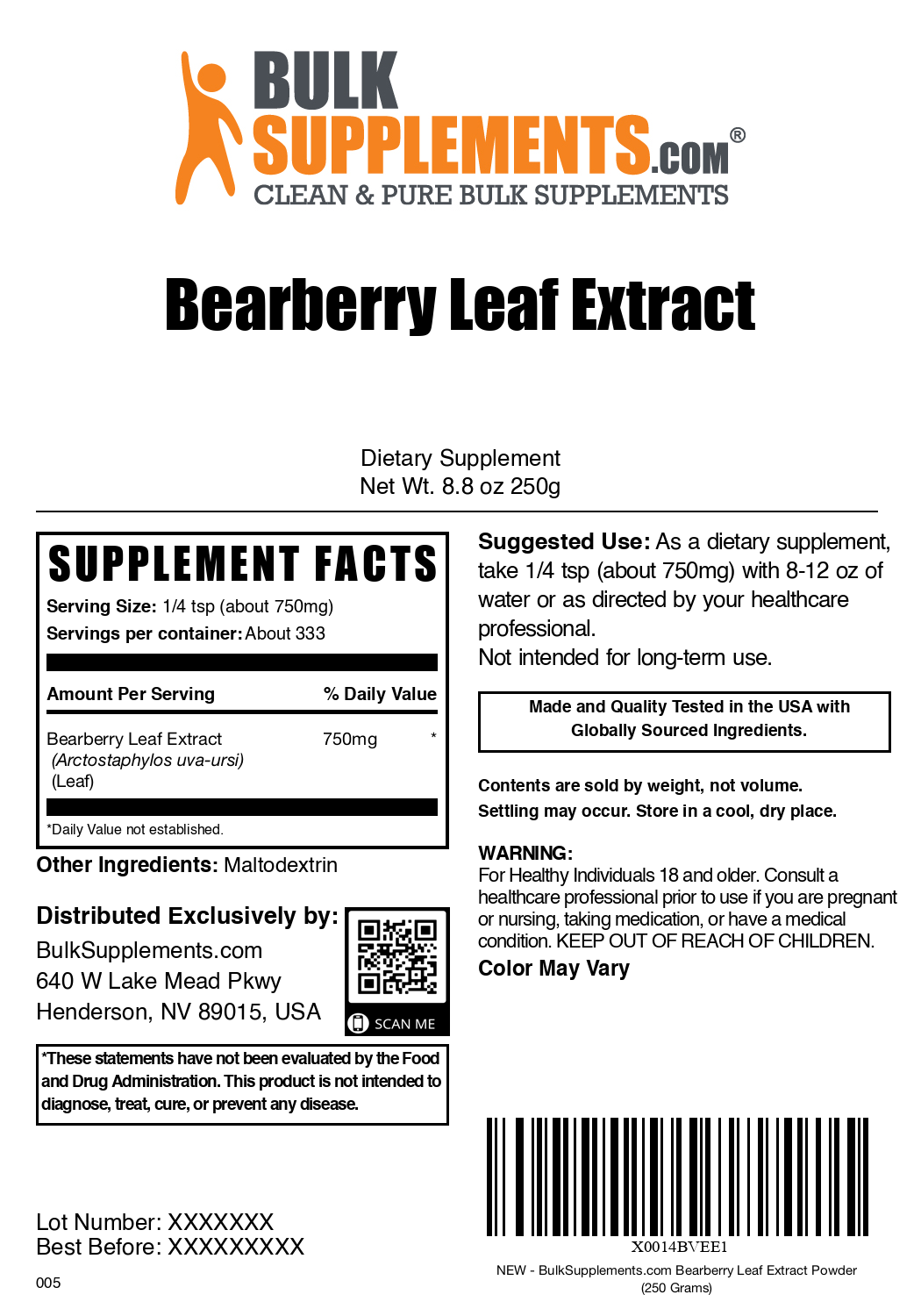 Bearberry leaf extract powder label 250g