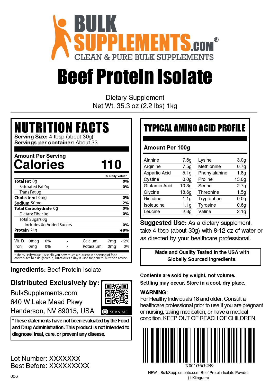 Beef protein isolate powder label 1kg