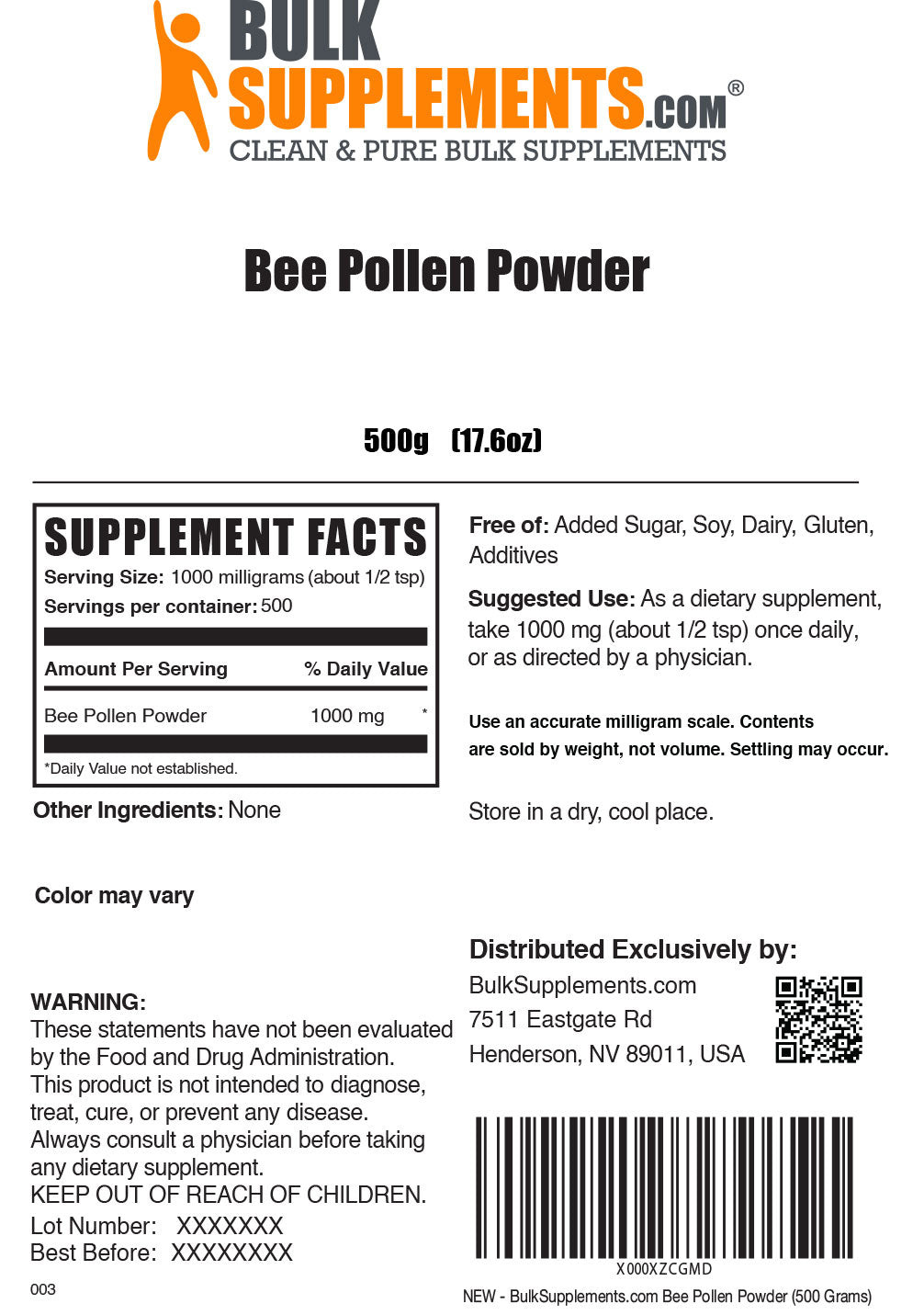 Bee pollen powder label 500g