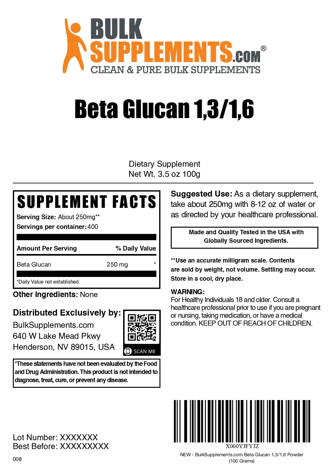 Beta Glucan 1,3/1,6 Powder 100g label