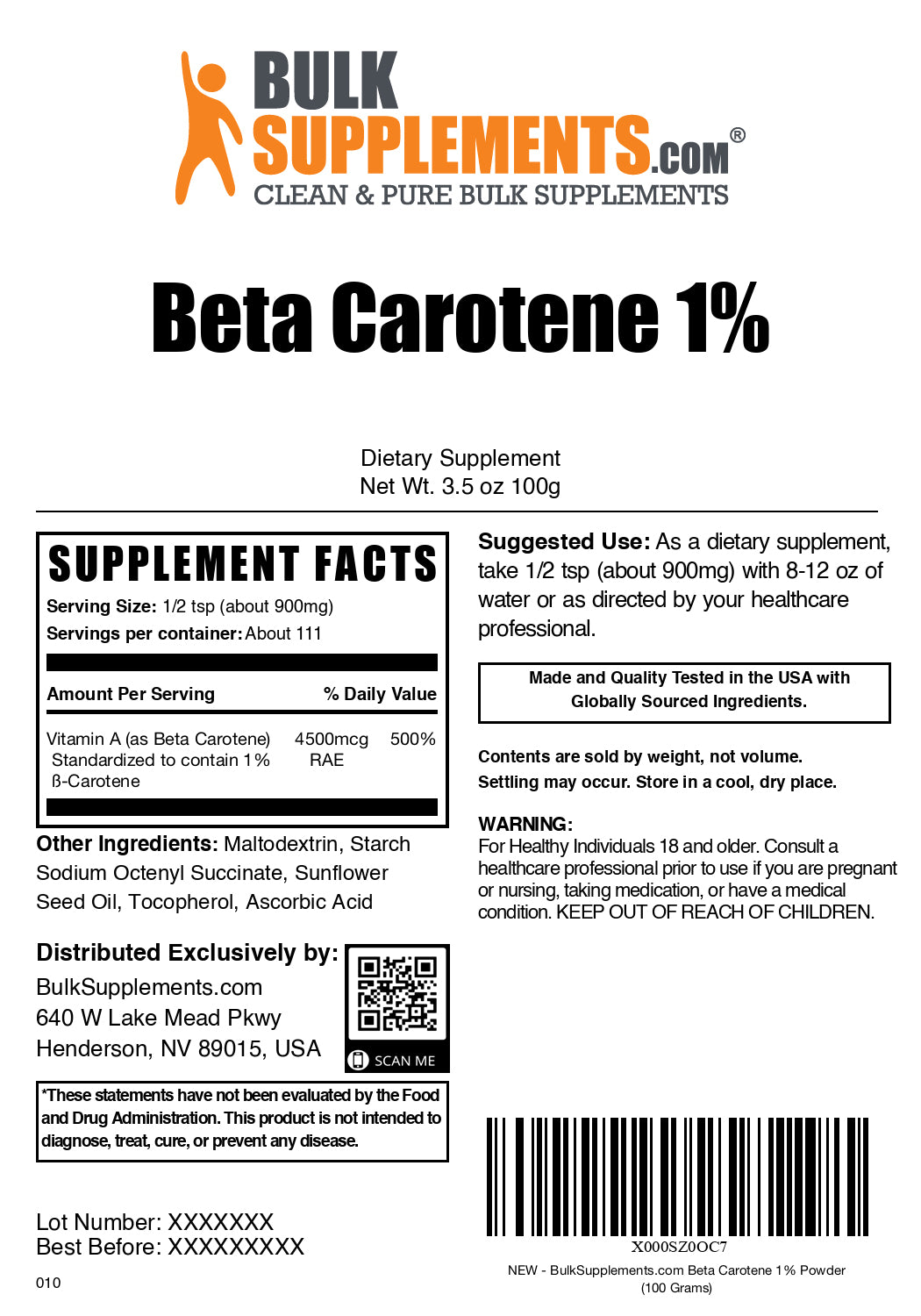 Beta carotene powder label 100g