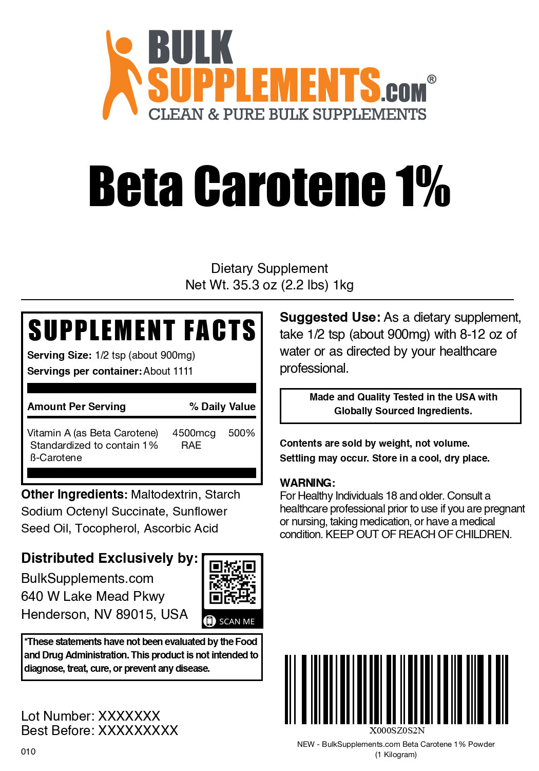 Beta carotene powder label 1kg