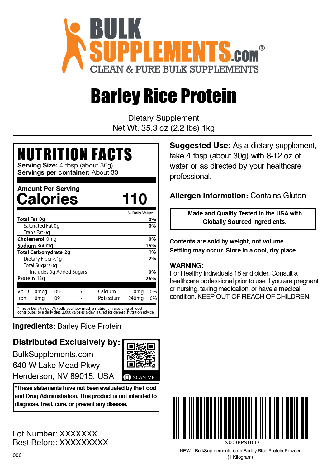 Barley rice protein powder label 1kg