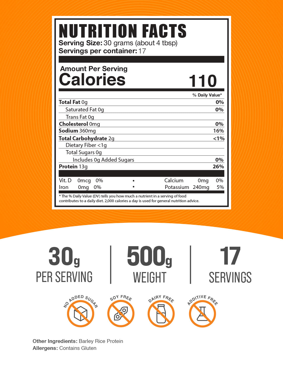 Barley rice protein powder label 500g