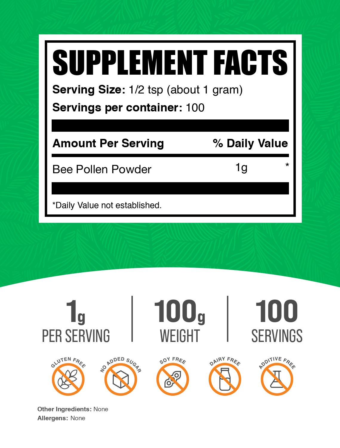 Bee pollen powder label 100g