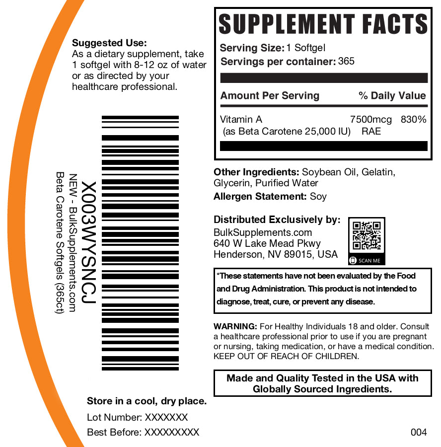 Beta carotene 365 softgels label