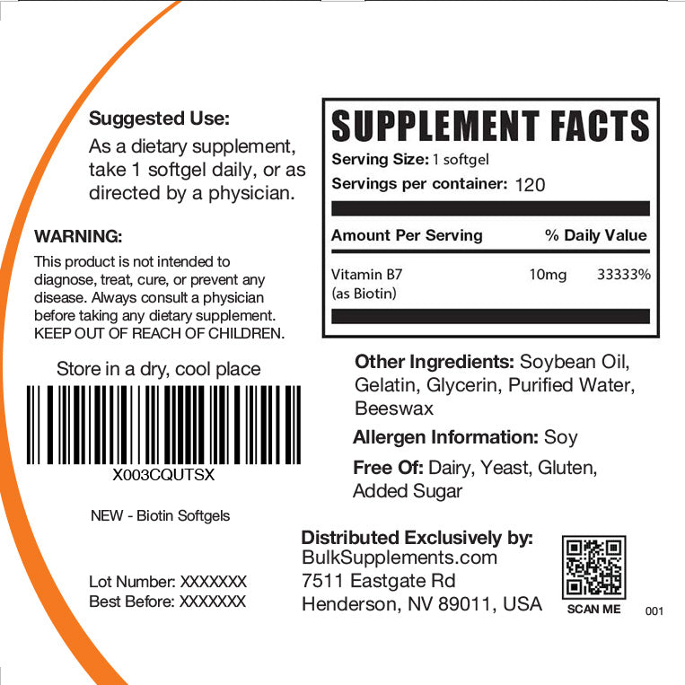 Biotin 10mg 120 softgels label