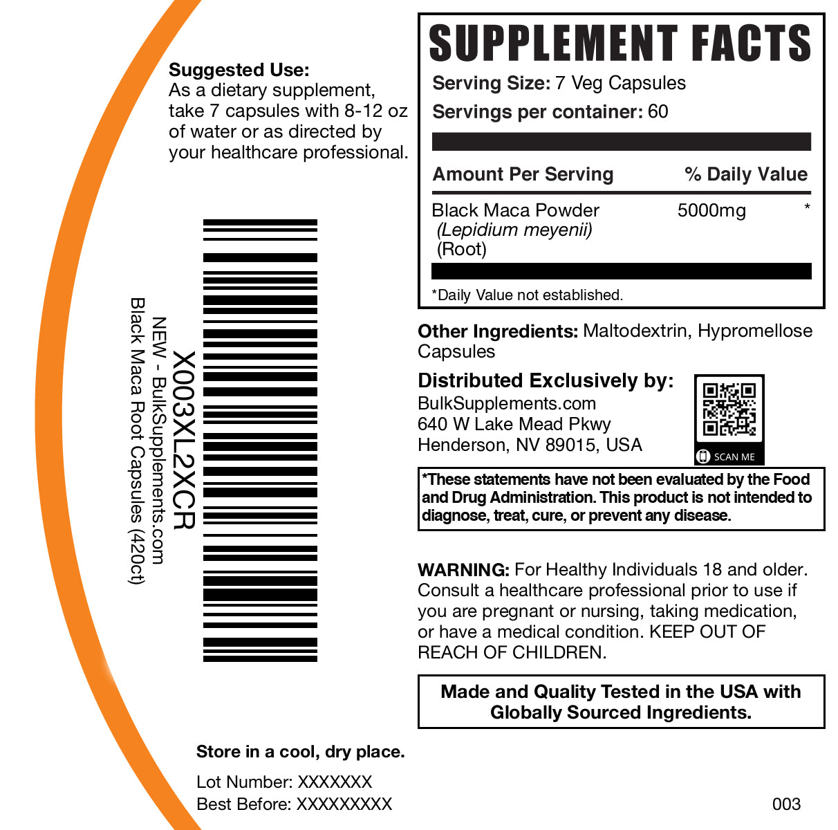 Black maca root 420 capsules label