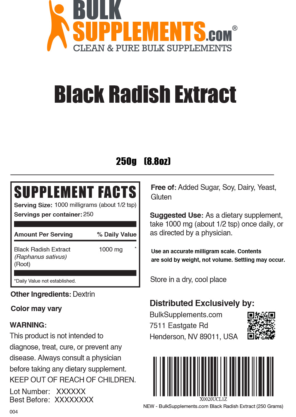 Black radish extract powder label 250g