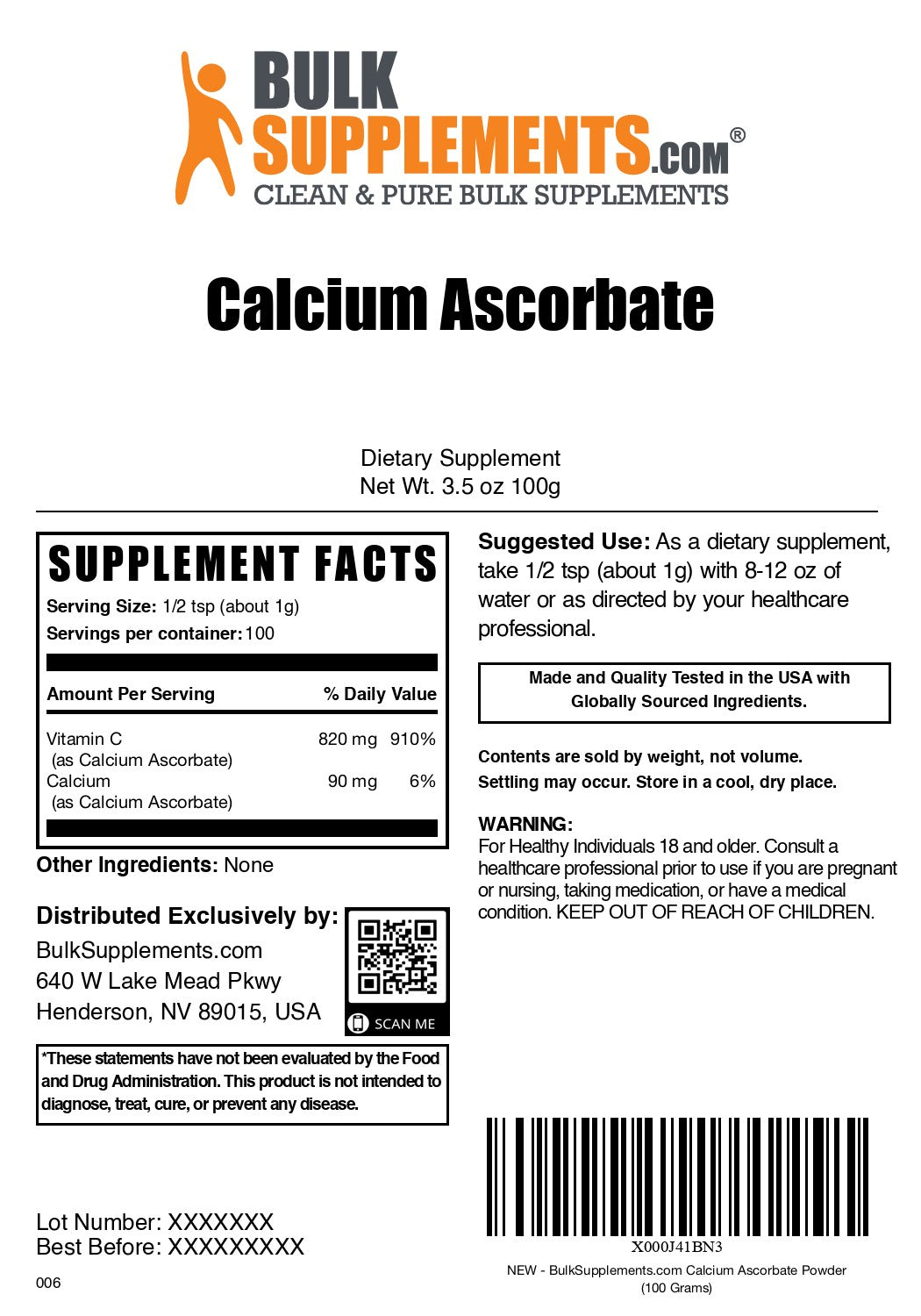 Calcium Ascorbate 100g label