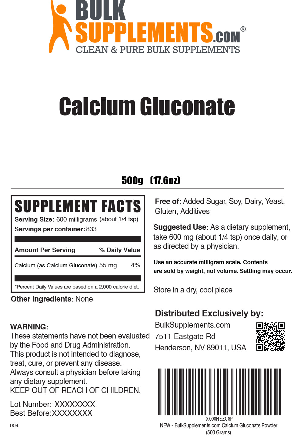 Calcium Gluconate powder label 500g