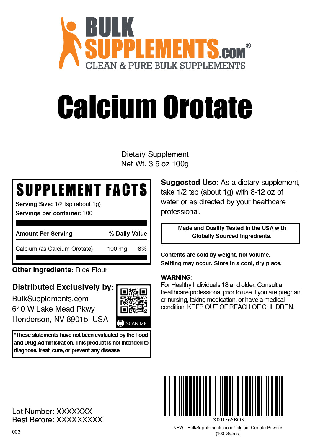 Calcium orotate powder label 100g