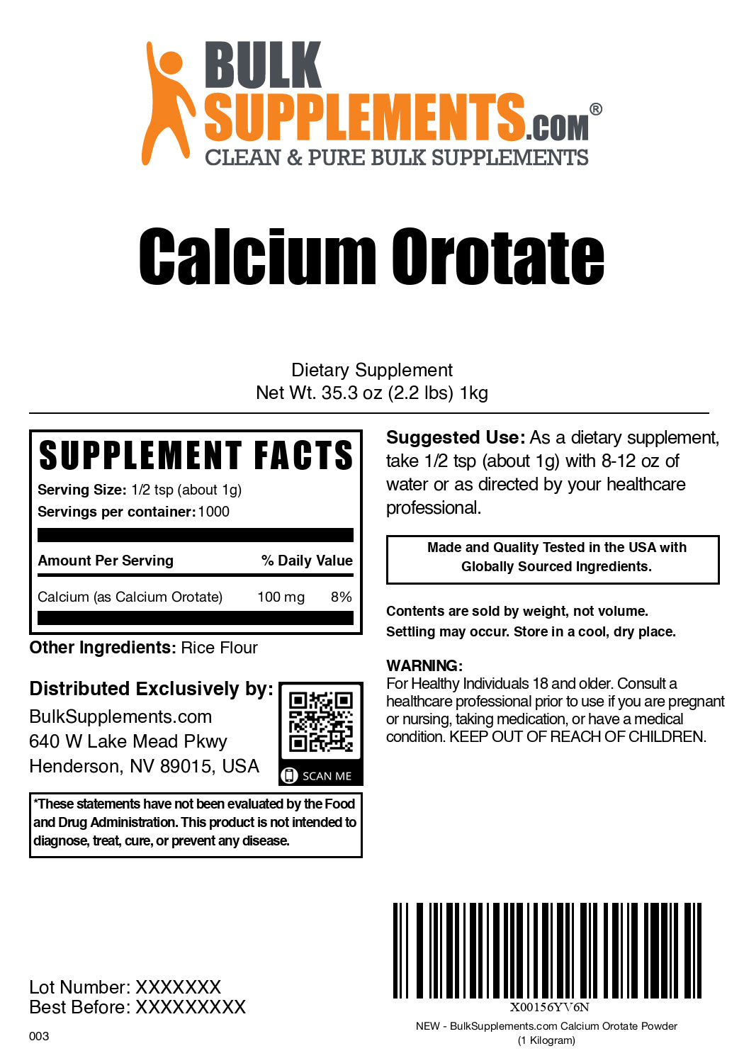 Calcium orotate powder label 1kg