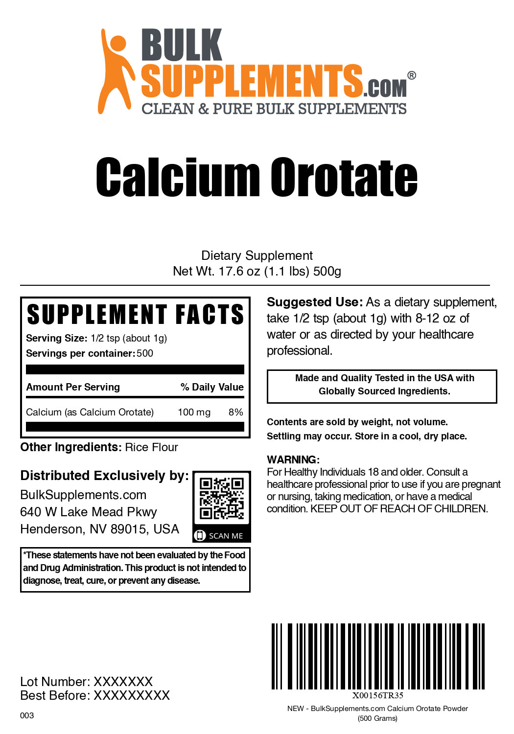 Calcium orotate powder label 500g