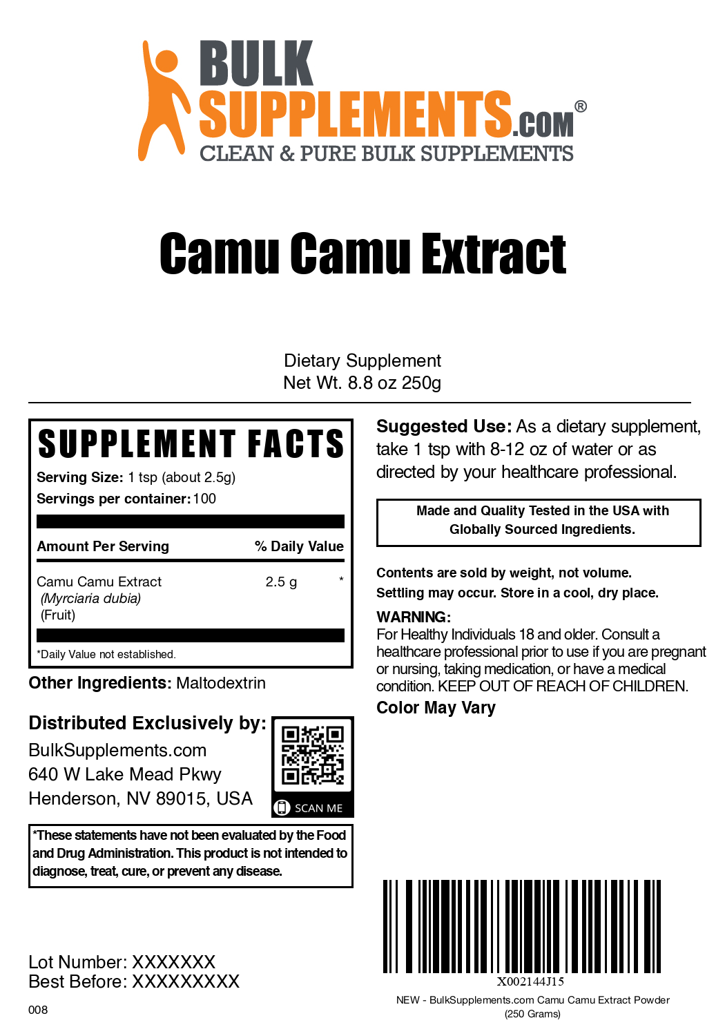Camu camu extract powder label 250g
