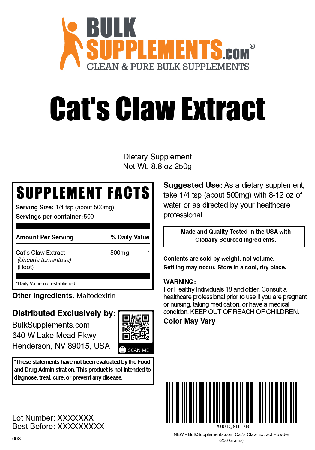 Cat's claw extract powder label 250g