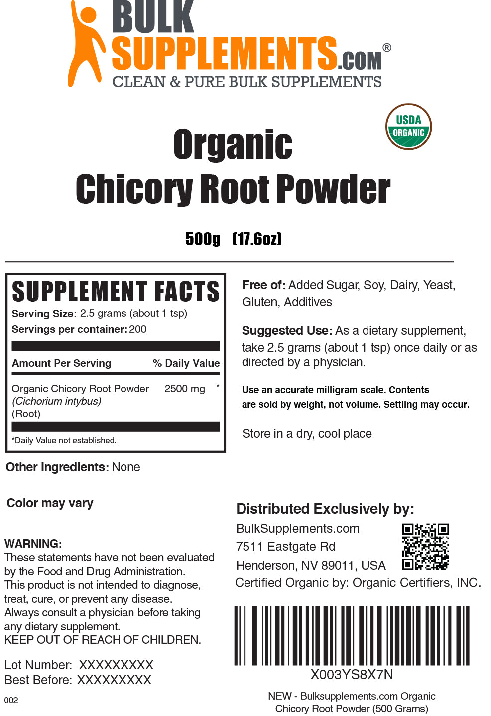 Organic Chicory Root powder label 500g