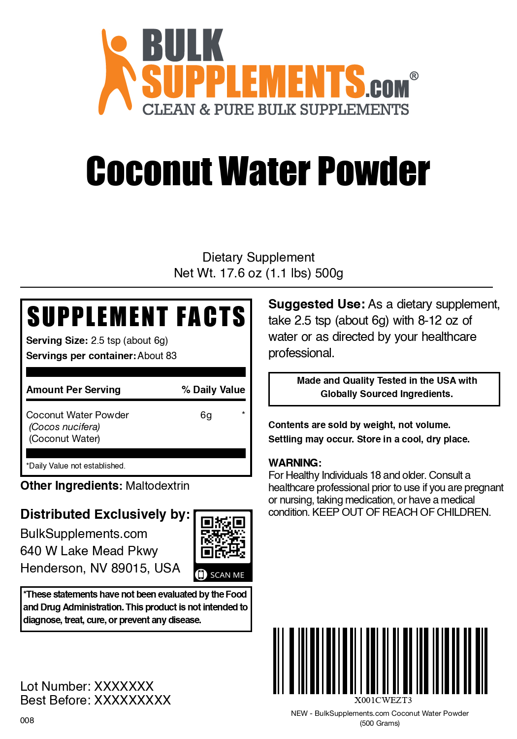 Coconut Water Powder 500g Bag Label