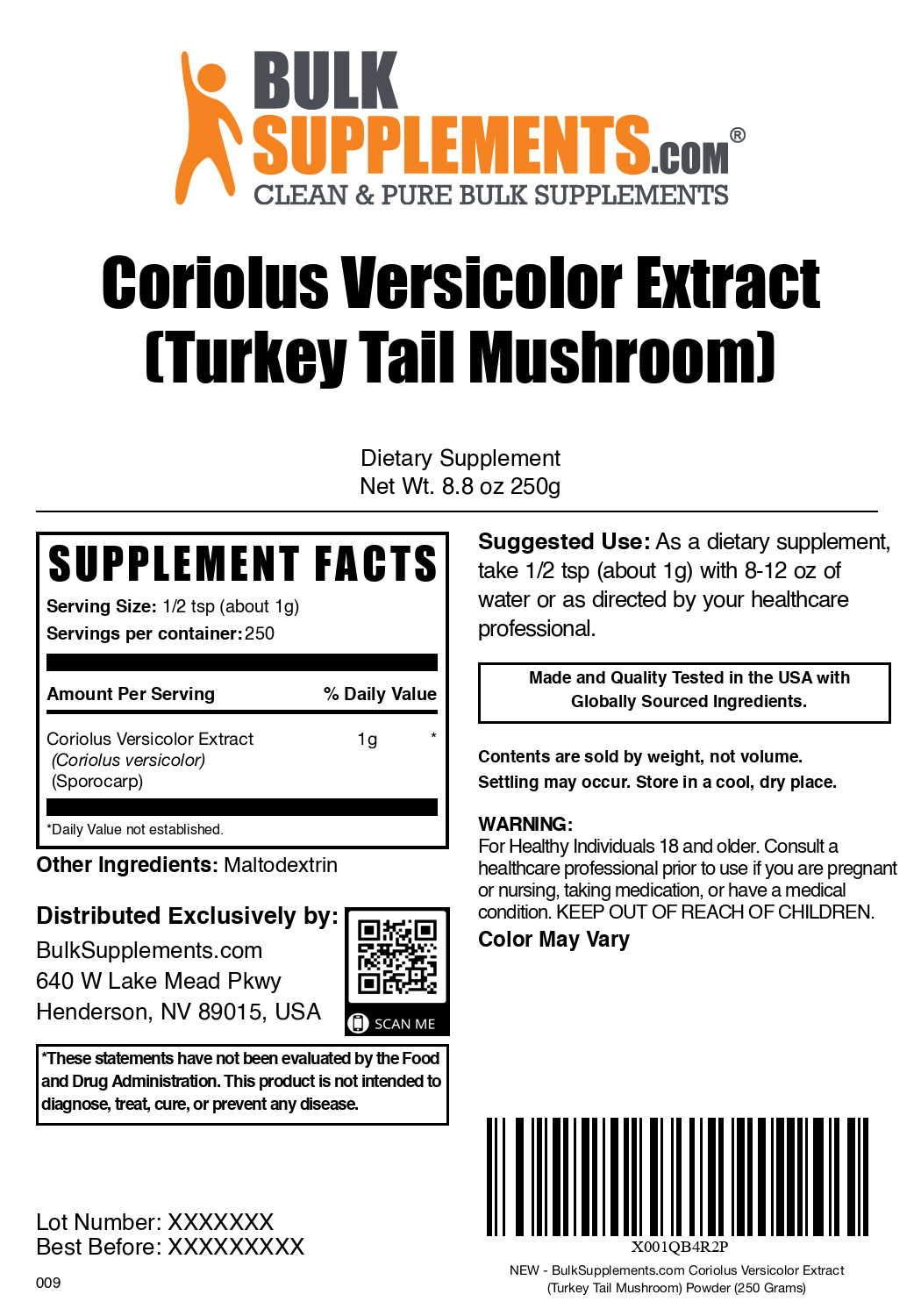 Coriolus Versicolor Extract Turkey Tail Mushroom Powder 250g Bag Label