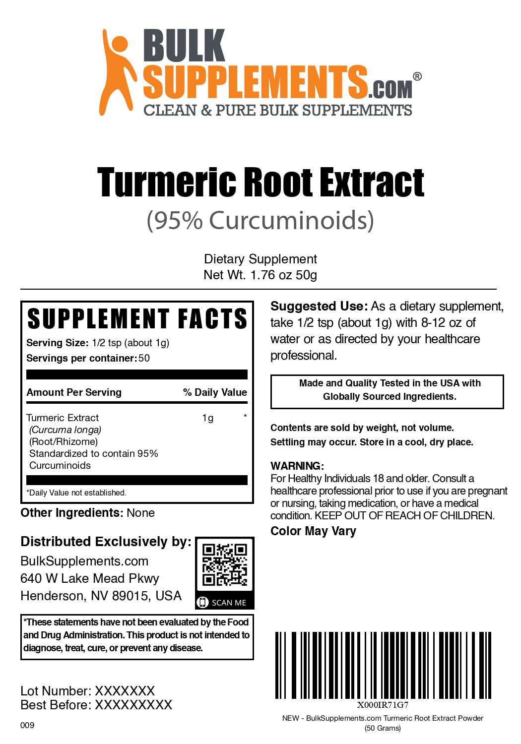 Turmeric root extract powder label 50g