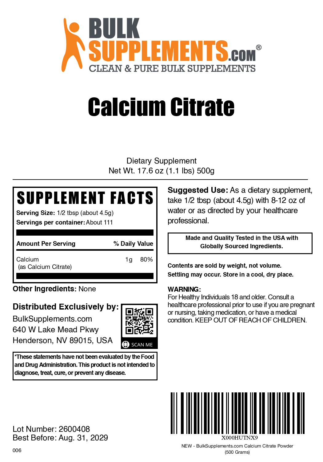 Calcium Citrate Powder 500g Plain Label