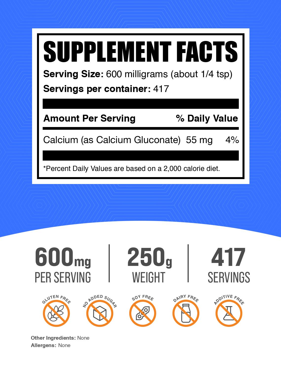 Calcium gluconate powder label 250g