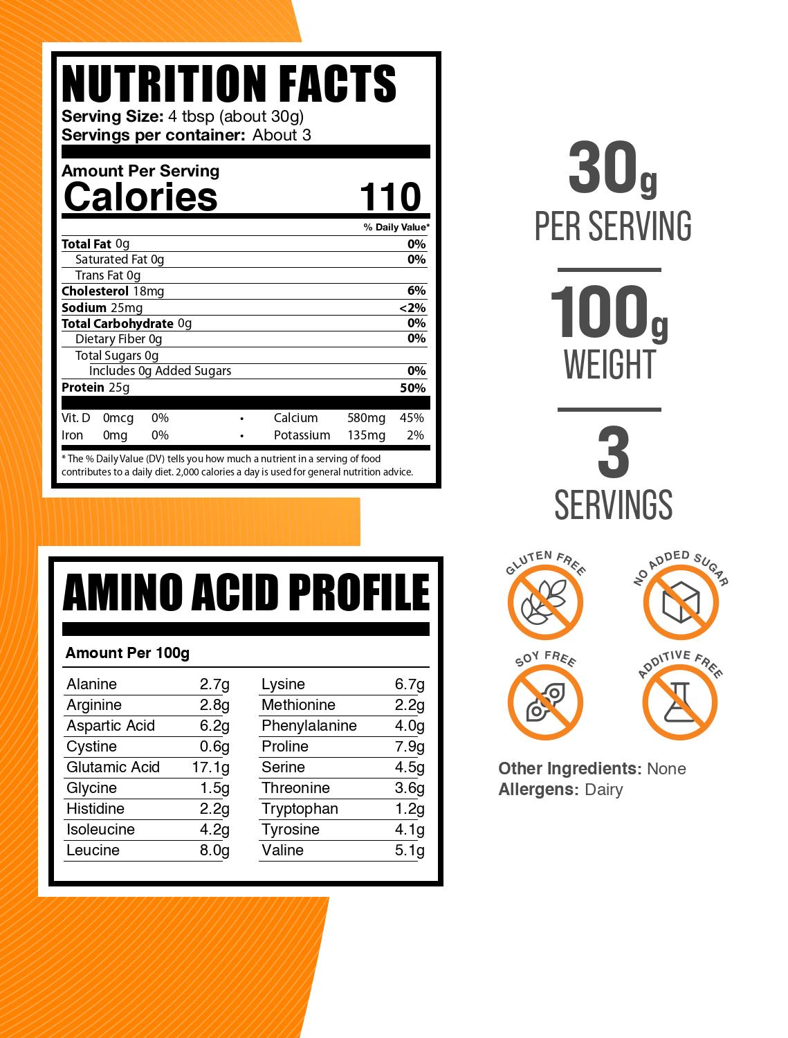 Casein protein powder label 100g