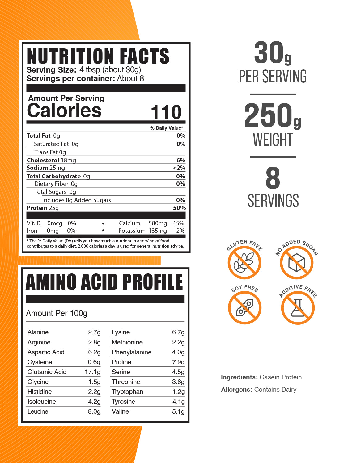 Casein protein powder label 250g