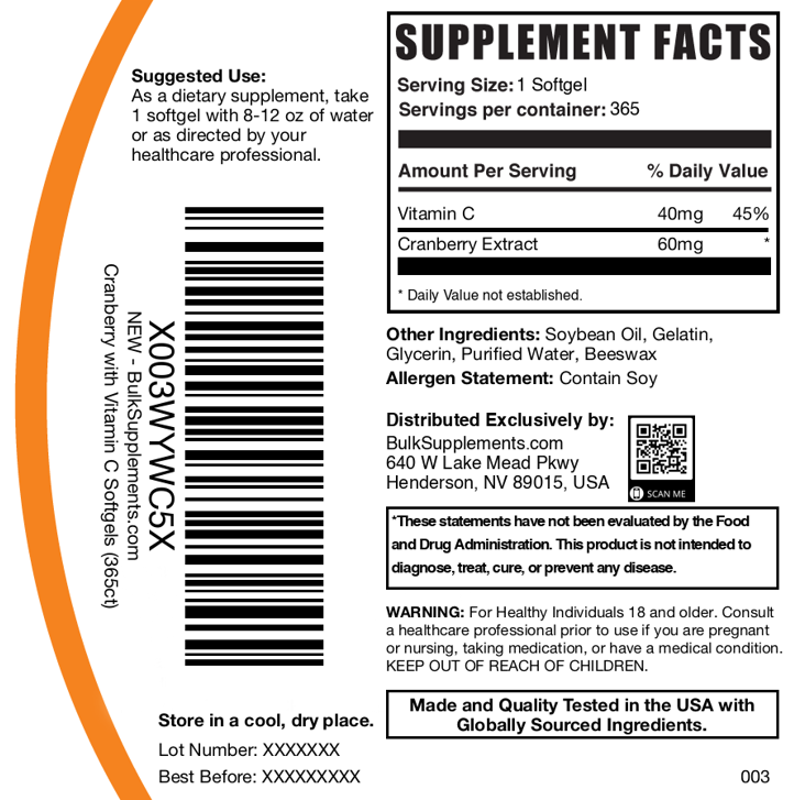 Cranberry with Vitamin C Softgels 365ct Plain Label
