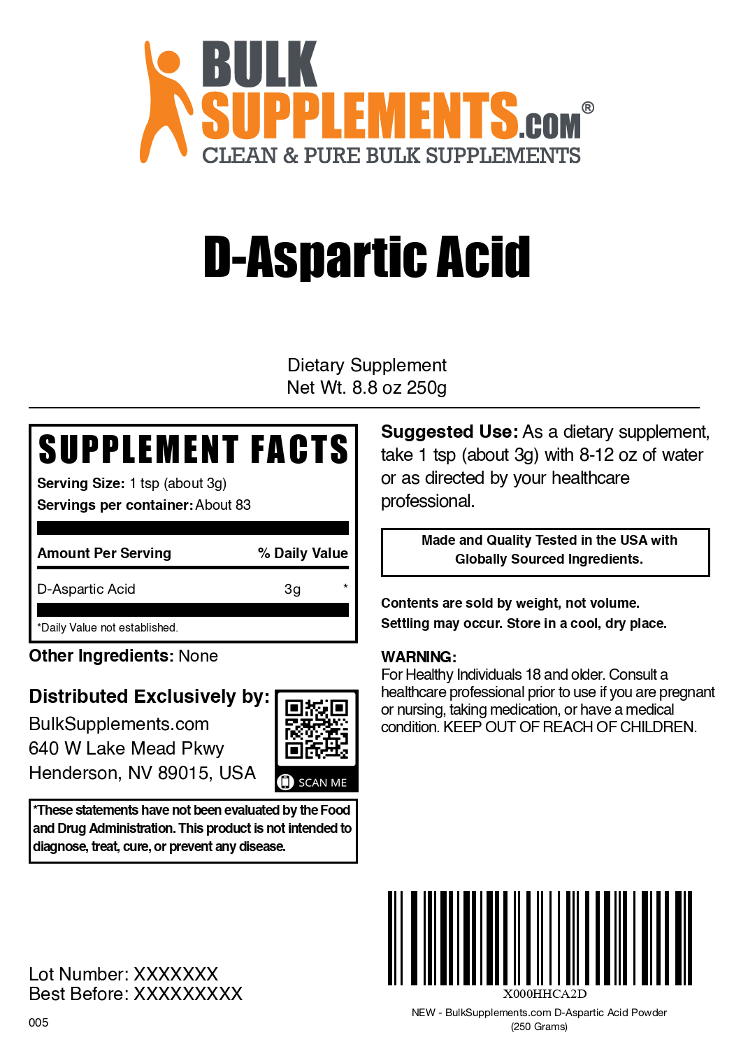 D-Aspartic Acid powder label 250g