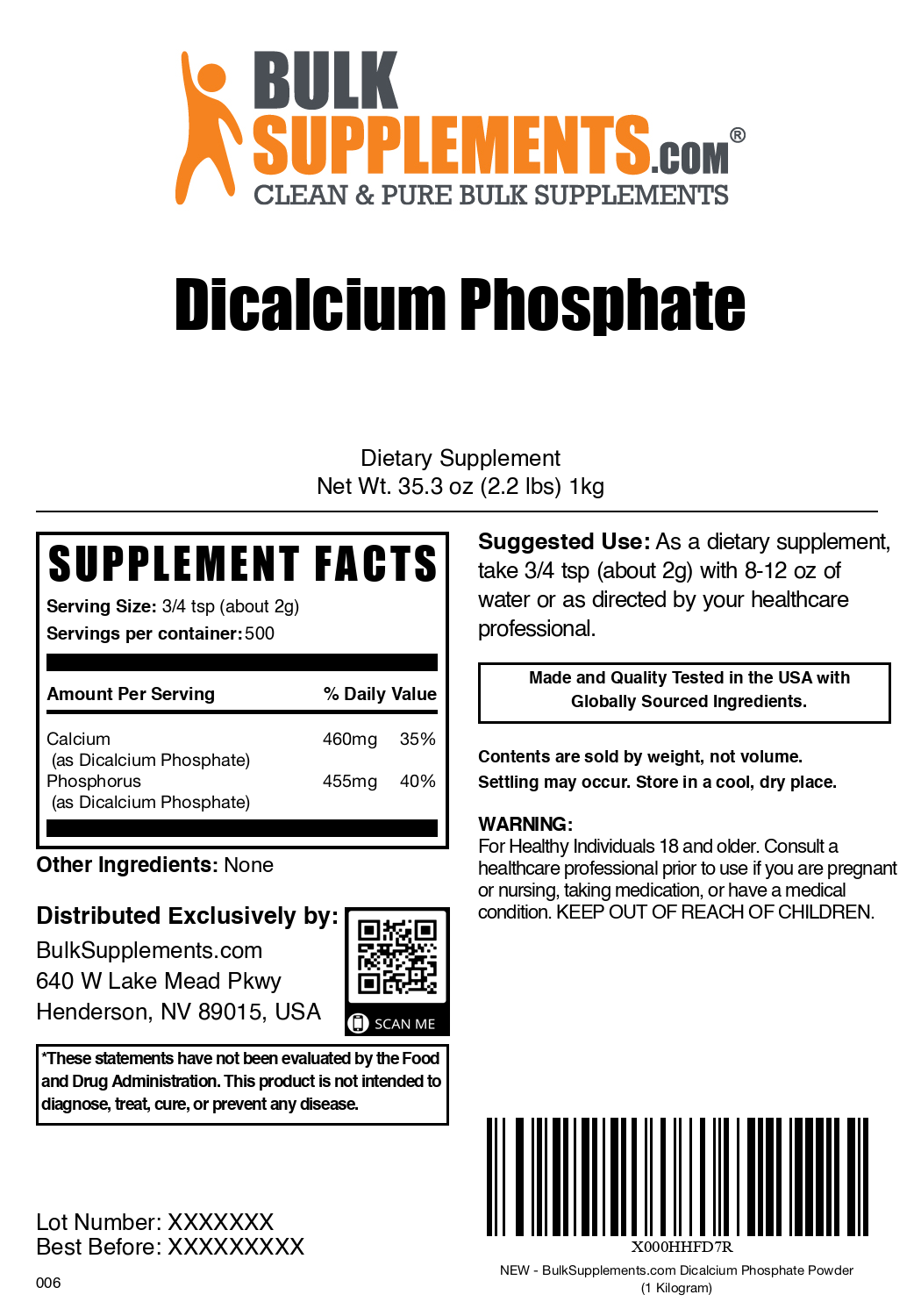 Dicalcium Phosphate (DCP) Powder 1kg Plain Label