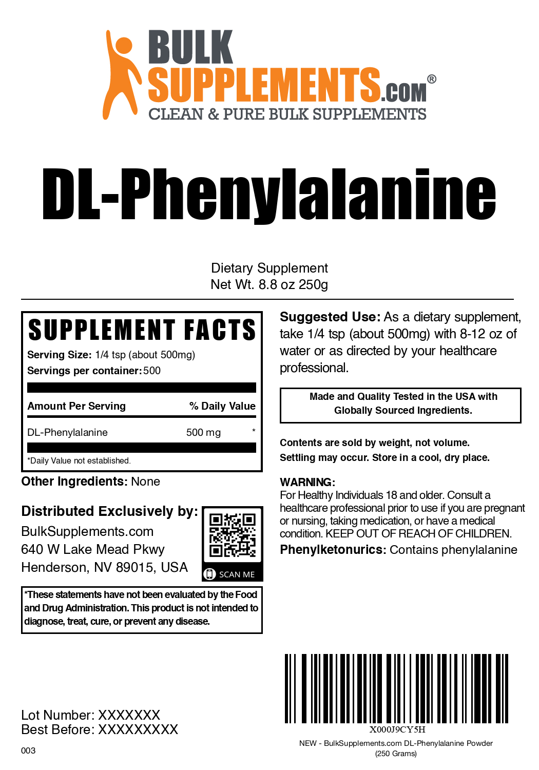 DL-Phenylalanine Powder 250g Plain Label