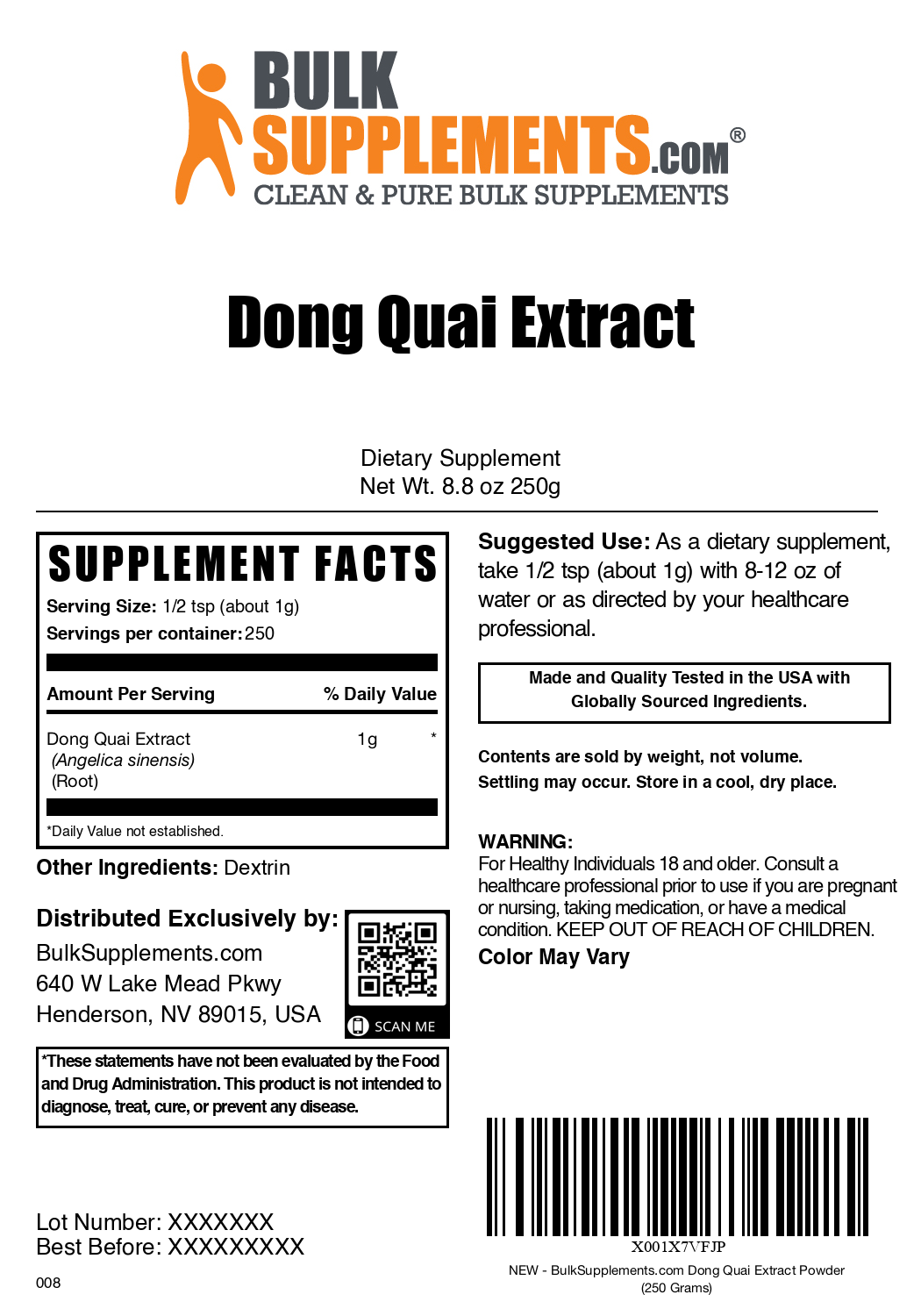 Dong quai root extract powder label 250g