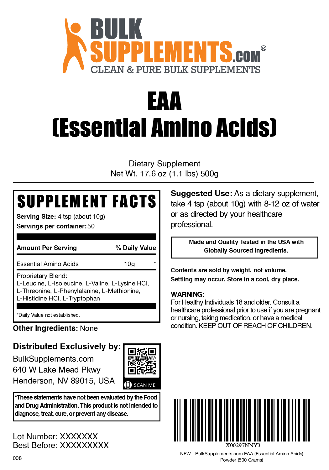 Essential Amino Acids (EAA) Powder 500g Plain Label