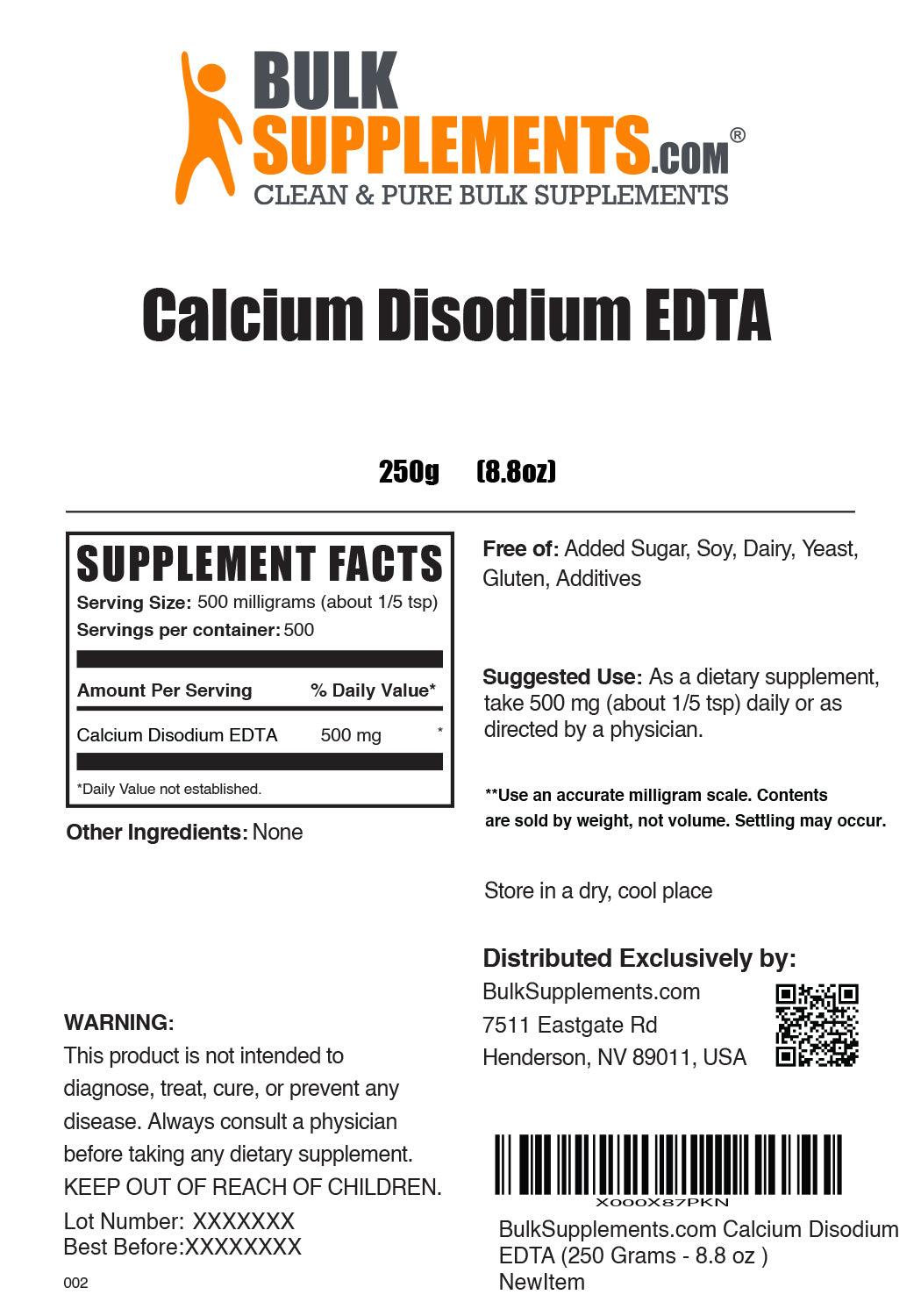 Supplement Facts Calcium Disodium EDTA 250 grams 8.8 ounces