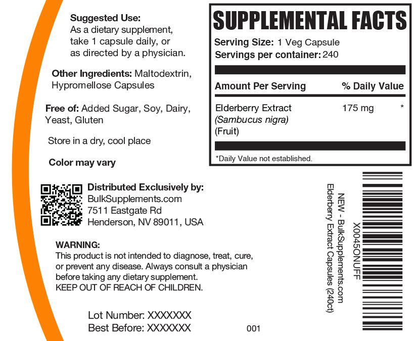 Elderberry Extract capsules 240 ct label image