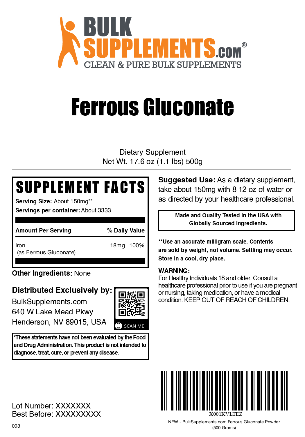 Ferrous Gluconate Powder 500g Plain Label