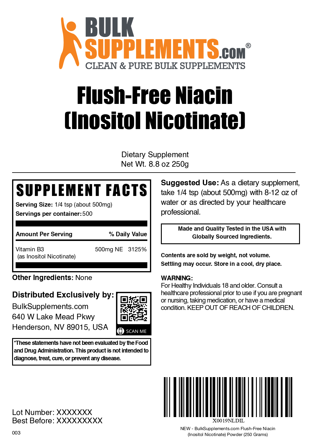 Flush-Free Niacin (Inositol Nicotinate) Powder 250g Plain Label
